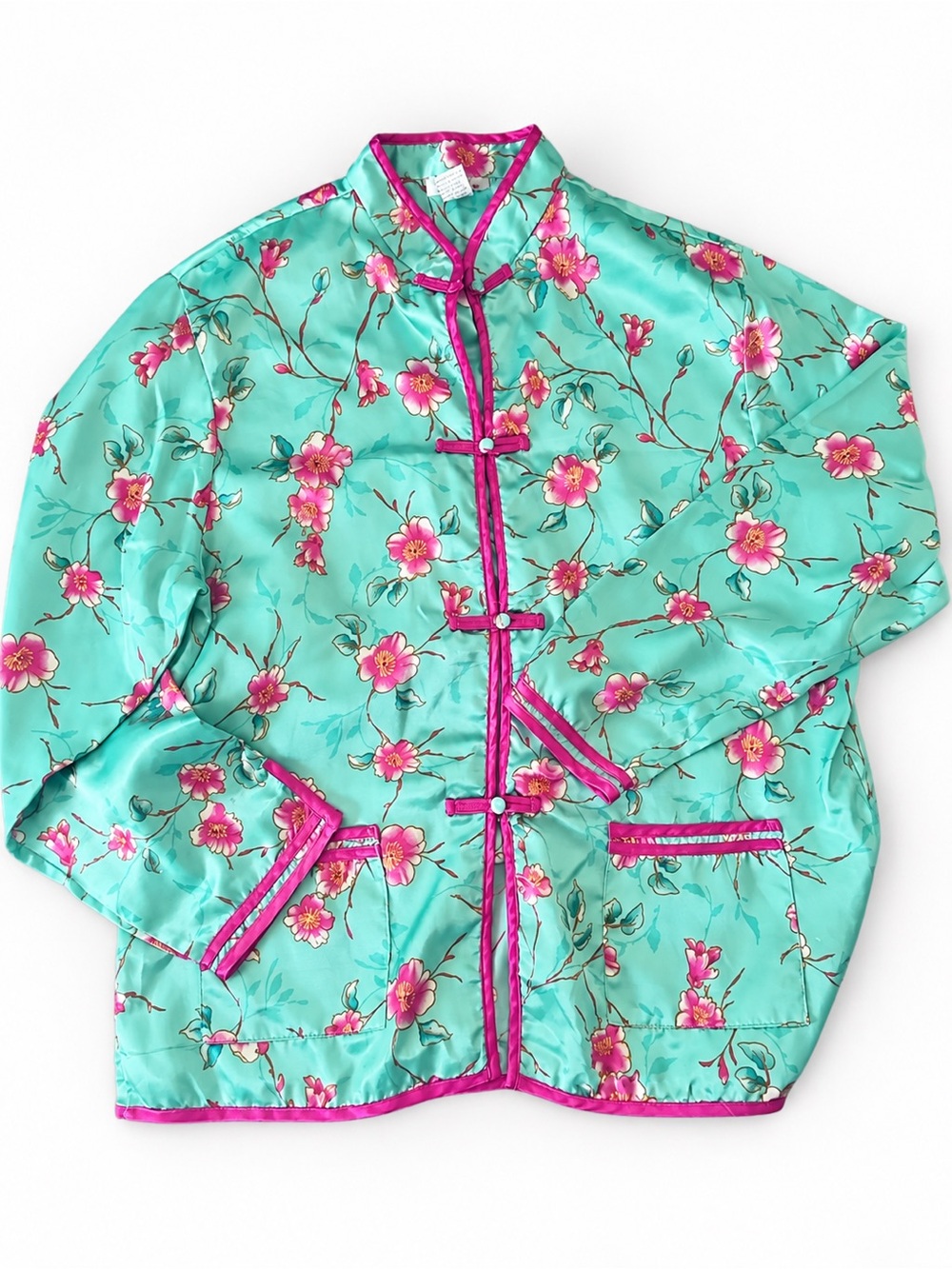 Turquoise Floral Satin Mandarin Jacket with Pink Trim